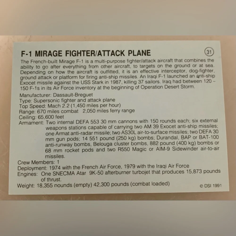 Desert Storm Camouflage Fighter Jet Card. (1991)